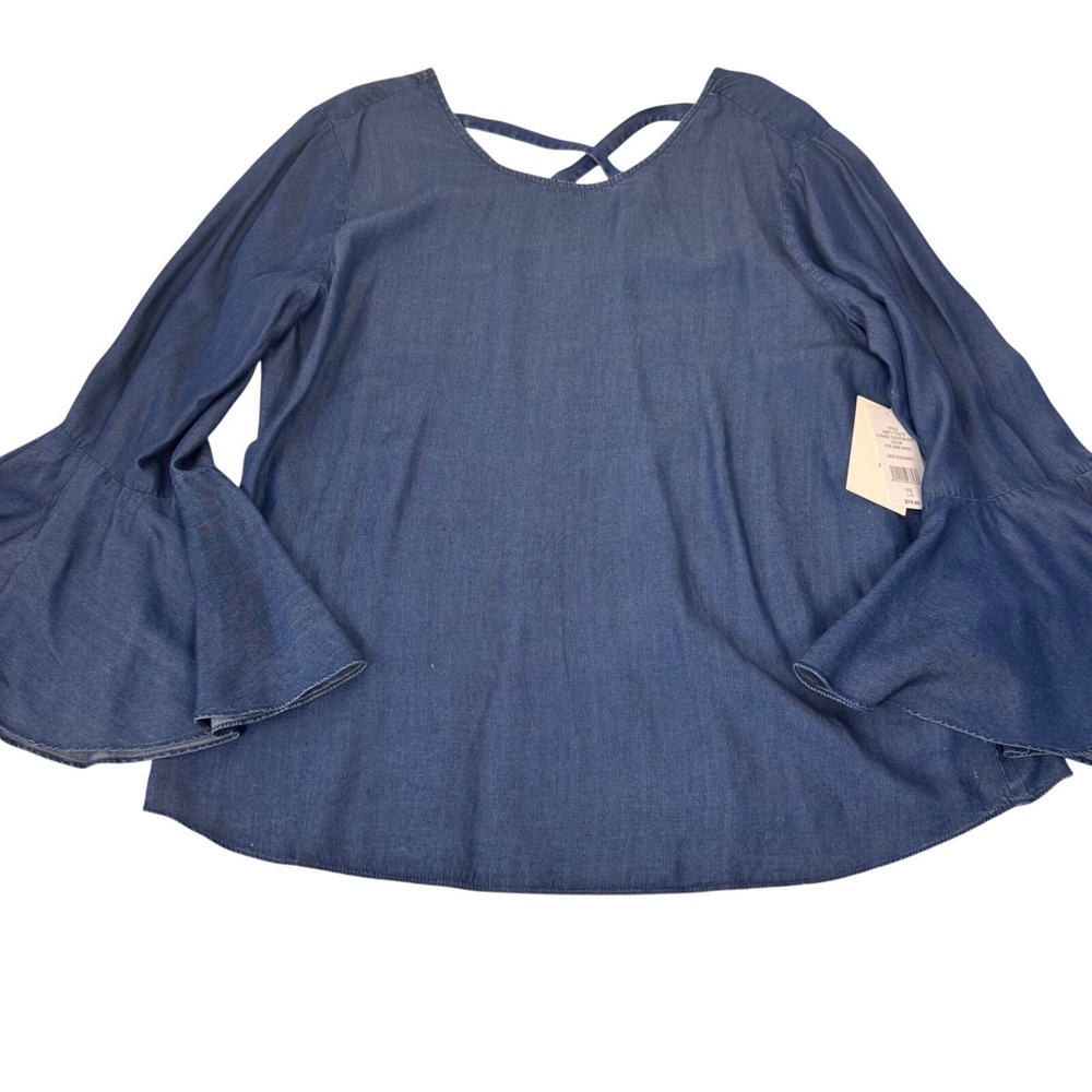 Halston‎ Flounce Sleeve Blouse Women Large Blue Dark Wash Boho Chic HWF1710070